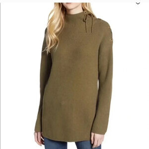 J.Crew Ribbed Tunic Lace-up Shoulder Knit Mock Neck Olive Green Sweater(M)